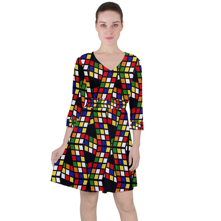 Graphic Pattern Rubiks Cube Cubes Quarter Sleeve Ruffle Waist Dress