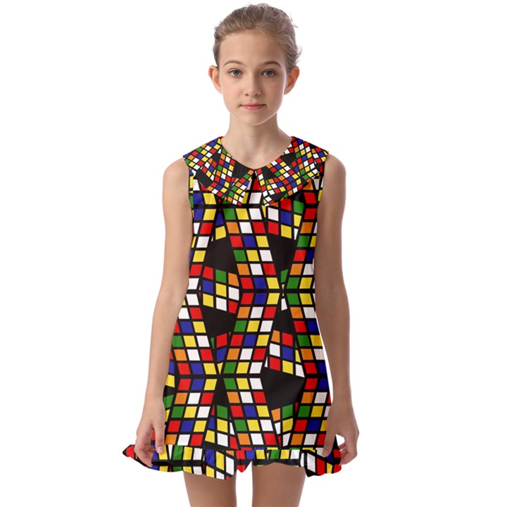 Graphic Pattern Rubiks Cube Cubes Kids  Pilgrim Collar Ruffle Hem Dress