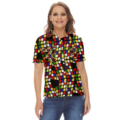 Graphic Pattern Rubiks Cube Cubes Women s Short Sleeve Double Pocket Shirt by Ravend