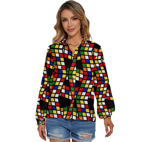 Graphic Pattern Rubiks Cube Cubes Women s Long Sleeve Button Up Shirt by Ravend