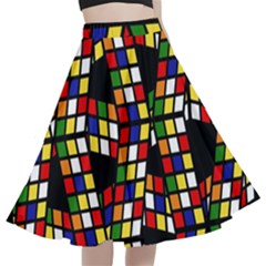 Graphic Pattern Rubiks Cube Cubes A-line Full Circle Midi Skirt With Pocket by Ravend