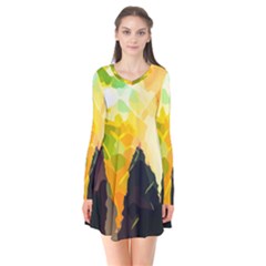 Forest Trees Nature Wood Green Long Sleeve V-neck Flare Dress by Ravend