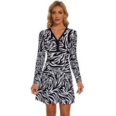 Flames Fire Pattern Digital Art Long Sleeve Deep V Mini Dress  by Ravend