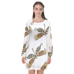 Pattern Dragonfly Background Long Sleeve Chiffon Shift Dress  by Ravend