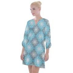 White Light Blue Gray Tile Open Neck Shift Dress by Ravend