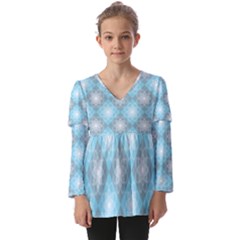 White Light Blue Gray Tile Kids  V Neck Casual Top by Ravend