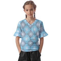 White Light Blue Gray Tile Kids  V-neck Horn Sleeve Blouse by Ravend