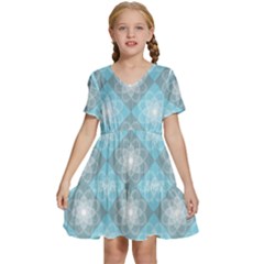 White Light Blue Gray Tile Kids  Short Sleeve Tiered Mini Dress by Ravend