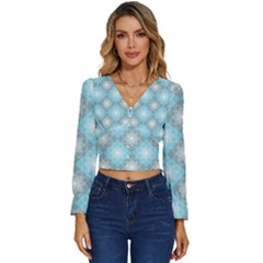 White Light Blue Gray Tile Long Sleeve V-neck Top by Ravend