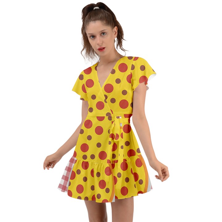 Pizza Table Pepperoni Sausage Flutter Sleeve Wrap Dress