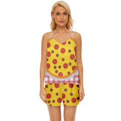 Pizza Table Pepperoni Sausage V-neck Satin Pajamas Set by Ravend