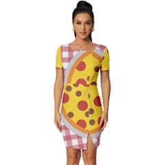 Pizza Table Pepperoni Sausage Fitted Knot Split End Bodycon Dress by Ravend