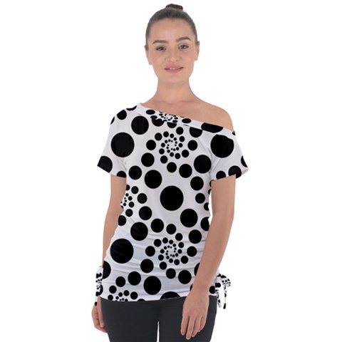 Dot Dots Round Black And White Off Shoulder Tie-up T-shirt by Ravend