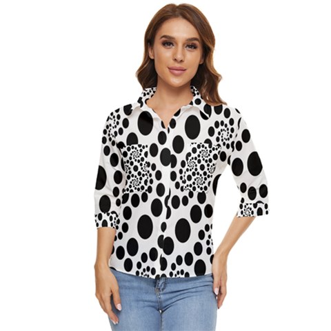 Dot Dots Round Black And White Women s Quarter Sleeve Pocket Shirt by Ravend