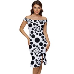 Dot Dots Round Black And White Off Shoulder Ruffle Split Hem Bodycon Dress by Ravend