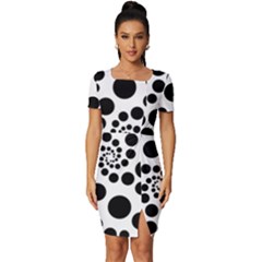 Dot Dots Round Black And White Fitted Knot Split End Bodycon Dress by Ravend