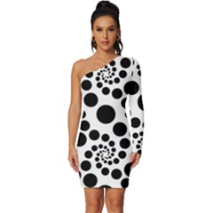 Dot Dots Round Black And White Long Sleeve One Shoulder Mini Dress by Ravend