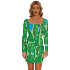 Golf Course Par Golf Course Green Long Sleeve Square Neck Bodycon Velvet Dress by Ravend