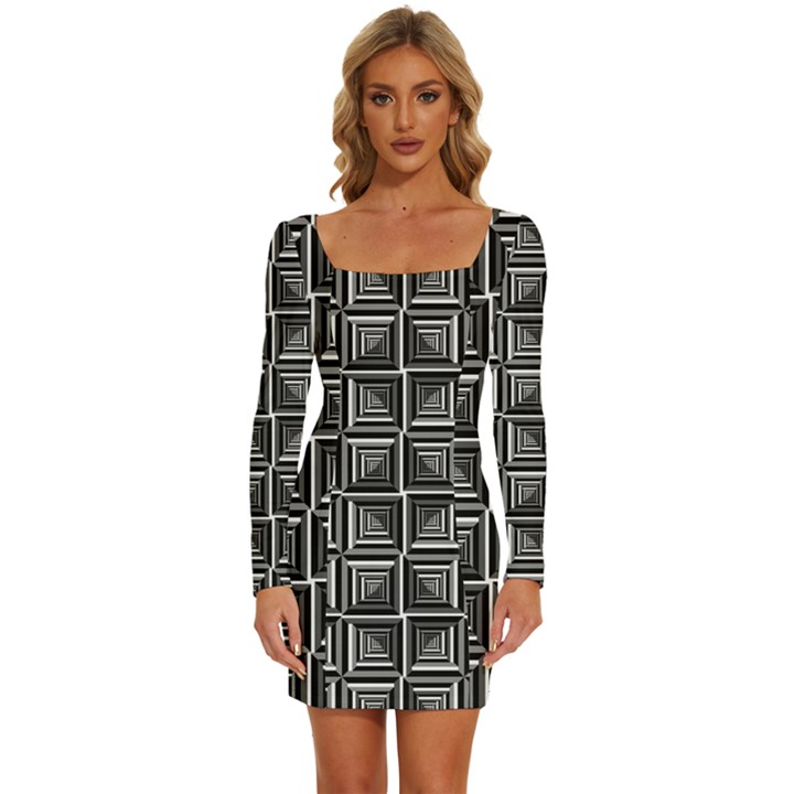 Pattern Op Art Black White Grey Long Sleeve Square Neck Bodycon Velvet Dress