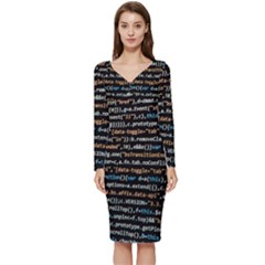 Close Up Code Coding Computer Long Sleeve V-neck Bodycon Dress  by Amaryn4rt