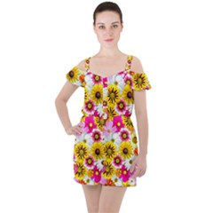 Flowers Blossom Bloom Nature Plant Ruffle Cut Out Chiffon Playsuit by Amaryn4rt