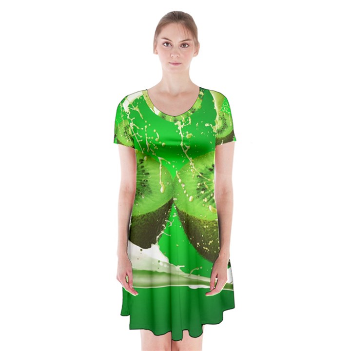 Kiwi Fruit Vitamins Healthy Cut Short Sleeve V-neck Flare Dress