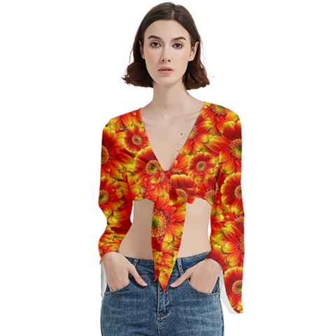 Gerbera Flowers Blossom Bloom Trumpet Sleeve Cropped Top by Amaryn4rt