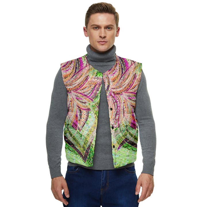 Colorful Design Acrylic Canvas Men s Button Up Puffer Vest	