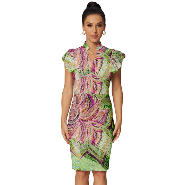 Colorful Design Acrylic Canvas Vintage Frill Sleeve V-Neck Bodycon Dress