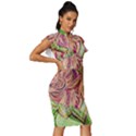 Colorful Design Acrylic Canvas Vintage Frill Sleeve V-Neck Bodycon Dress View3