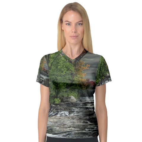 Landscape Summer Fall Colors Mill V-neck Sport Mesh T-shirt by Amaryn4rt