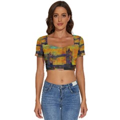 London Tower Abstract Bridge Short Sleeve Square Neckline Crop Top  by Amaryn4rt