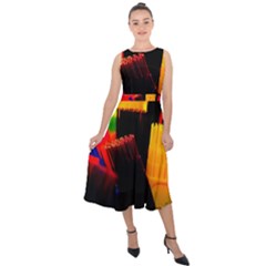 Plastic Brush Color Yellow Red Midi Tie-Back Chiffon Dress