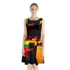 Plastic Brush Color Yellow Red Sleeveless Waist Tie Chiffon Dress