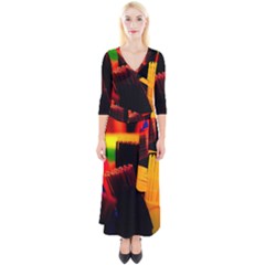 Plastic Brush Color Yellow Red Quarter Sleeve Wrap Maxi Dress