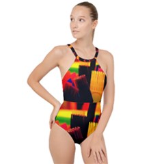 Plastic Brush Color Yellow Red High Neck One Piece Swimsuit by Amaryn4rt