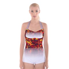 Effect Pattern Brush Red Boyleg Halter Swimsuit  by Amaryn4rt