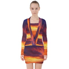 Sunset The Pacific Ocean Evening V-neck Bodycon Long Sleeve Dress by Amaryn4rt