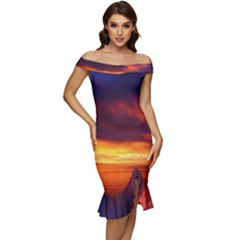 Sunset The Pacific Ocean Evening Off Shoulder Ruffle Split Hem Bodycon Dress