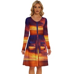 Sunset The Pacific Ocean Evening Long Sleeve Dress With Pocket by Amaryn4rt