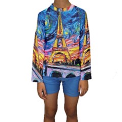 Eiffel Tower Starry Night Print Van Gogh Kids  Long Sleeve Swimwear by Modalart