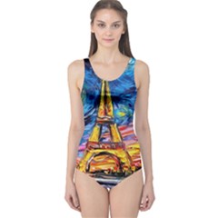 Eiffel Tower Starry Night Print Van Gogh One Piece Swimsuit by Modalart