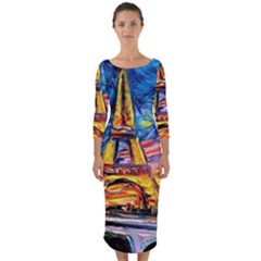 Eiffel Tower Starry Night Print Van Gogh Quarter Sleeve Midi Bodycon Dress by Modalart