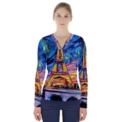 Eiffel Tower Starry Night Print Van Gogh V-neck Long Sleeve Top by Modalart