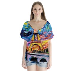 Eiffel Tower Starry Night Print Van Gogh V-neck Flutter Sleeve Top by Modalart