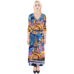 Eiffel Tower Starry Night Print Van Gogh Quarter Sleeve Wrap Maxi Dress by Modalart