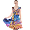 Eiffel Tower Starry Night Print Van Gogh Cap Sleeve Front Wrap Midi Dress View1