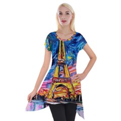 Eiffel Tower Starry Night Print Van Gogh Short Sleeve Side Drop Tunic by Modalart