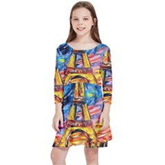 Eiffel Tower Starry Night Print Van Gogh Kids  Quarter Sleeve Skater Dress by Modalart