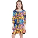 Eiffel Tower Starry Night Print Van Gogh Kids  Quarter Sleeve Skater Dress View1